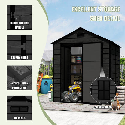 Campcraft 6*6ft resin storage shed, high quality pp material, strong structure, waterproof, rust and UV proof, large storage space, 12mm thick pp board, HD window lighting Black wood grain color