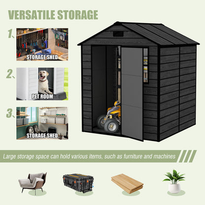 Campcraft 6*6ft resin storage shed, high quality pp material, strong structure, waterproof, rust and UV proof, large storage space, 12mm thick pp board, HD window lighting Black wood grain color