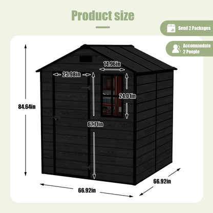 Campcraft 6*6ft resin storage shed, high quality pp material, strong structure, waterproof, rust and UV proof, large storage space, 12mm thick pp board, HD window lighting Black wood grain color
