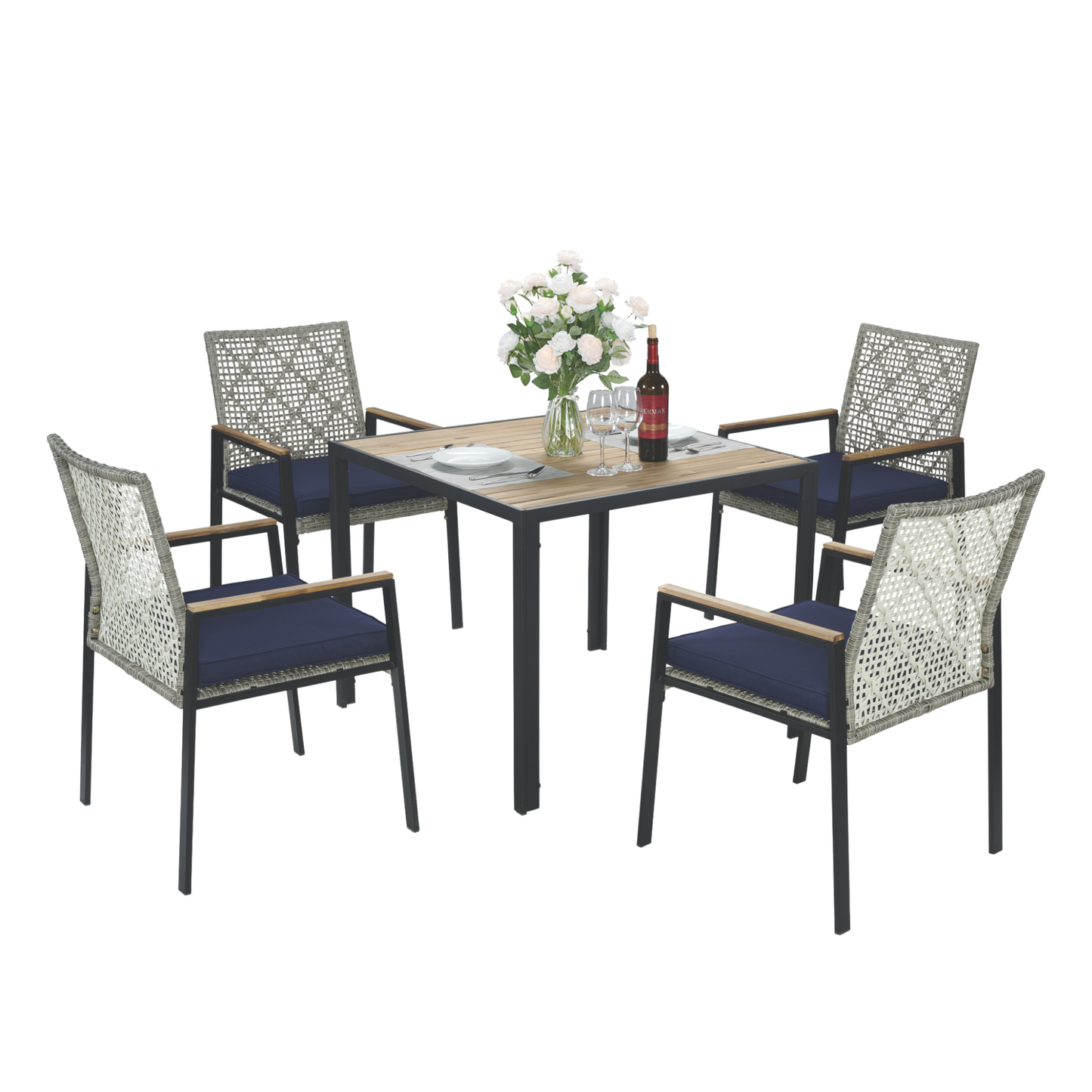 All Weather 5-Piece Patio Dining Table Sets, Patio Conversation Set Acacia Wood Table Top with Umbrella Hole, Rattan Outdoor, Light Gray Color