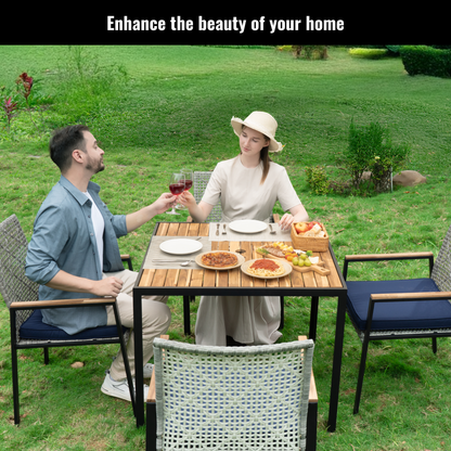 All Weather 5-Piece Patio Dining Table Sets, Patio Conversation Set Acacia Wood Table Top with Umbrella Hole, Rattan Outdoor, Light Gray Color