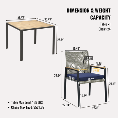 All Weather 5-Piece Patio Dining Table Sets, Patio Conversation Set Acacia Wood Table Top with Umbrella Hole, Rattan Outdoor, Light Gray Color