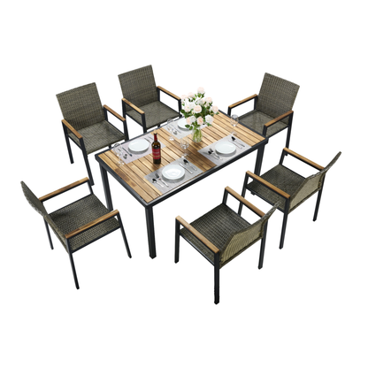 All Weather 7-Piece Patio Dining Table Sets, Patio Conversation Set Acacia Wood Table Top with Umbrella Hole, Rattan Outdoor, Brown Gray Color