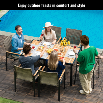 All Weather 7-Piece Patio Dining Table Sets, Patio Conversation Set Acacia Wood Table Top with Umbrella Hole, Rattan Outdoor, Brown Gray Color