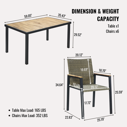 All Weather 7-Piece Patio Dining Table Sets, Patio Conversation Set Acacia Wood Table Top with Umbrella Hole, Rattan Outdoor, Brown Gray Color