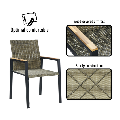 All Weather 7-Piece Patio Dining Table Sets, Patio Conversation Set Acacia Wood Table Top with Umbrella Hole, Rattan Outdoor, Brown Gray Color