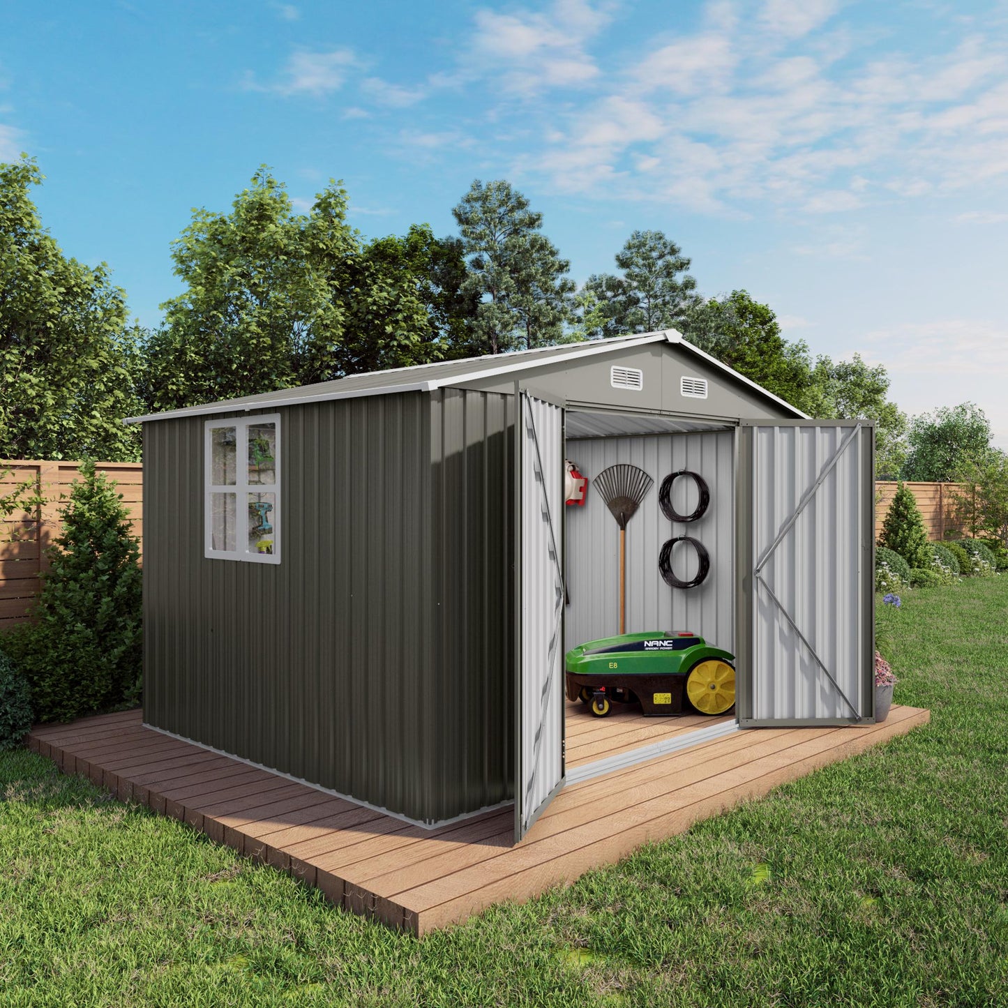 10 x 8 FT Outdoor Storage Shed, Large Metal Storage Shed, Lockable Door and Air Vent, Clear Window Garden Tool Shed for Bicycles, Tools, Lawnmowers, Backyards, Patios, Lawns - Gray
