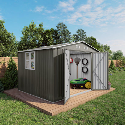 10 x 8 FT Outdoor Storage Shed, Large Metal Storage Shed, Lockable Door and Air Vent, Clear Window Garden Tool Shed for Bicycles, Tools, Lawnmowers, Backyards, Patios, Lawns - Gray