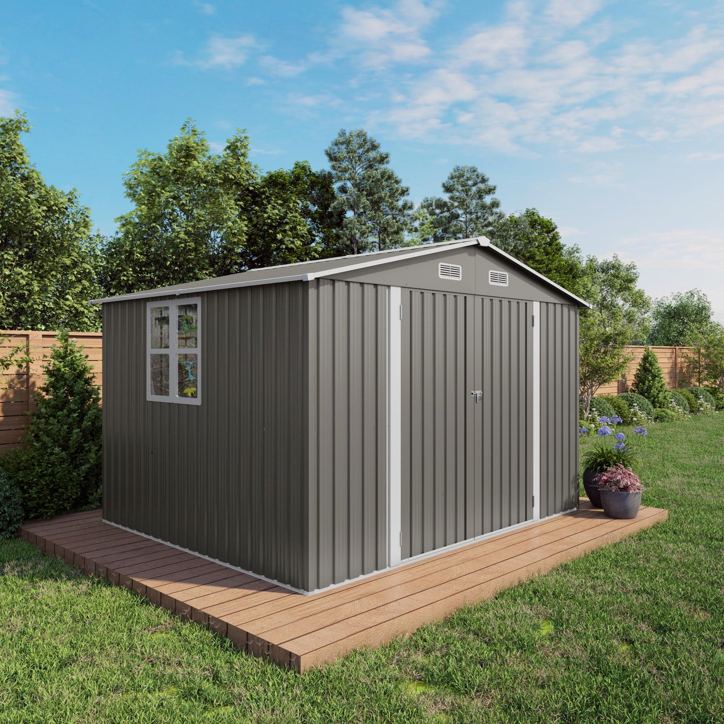 10 x 8 FT Outdoor Storage Shed, Large Metal Storage Shed, Lockable Door and Air Vent, Clear Window Garden Tool Shed for Bicycles, Tools, Lawnmowers, Backyards, Patios, Lawns - Gray