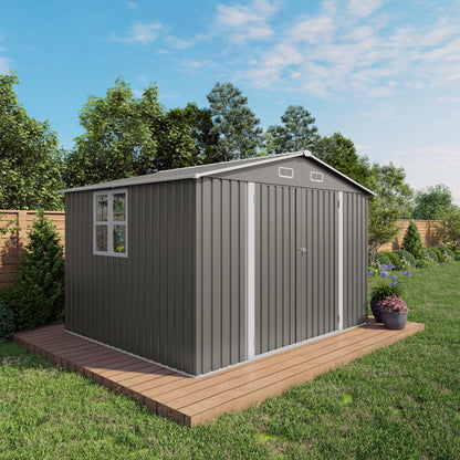 10 x 8 FT Outdoor Storage Shed, Large Metal Storage Shed, Lockable Door and Air Vent, Clear Window Garden Tool Shed for Bicycles, Tools, Lawnmowers, Backyards, Patios, Lawns - Gray