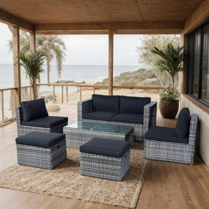 6 Piece Patio Wicker Sectional Set Patio Backyard Conversation Set Space Saving Grey Wicker + Black Cushion
