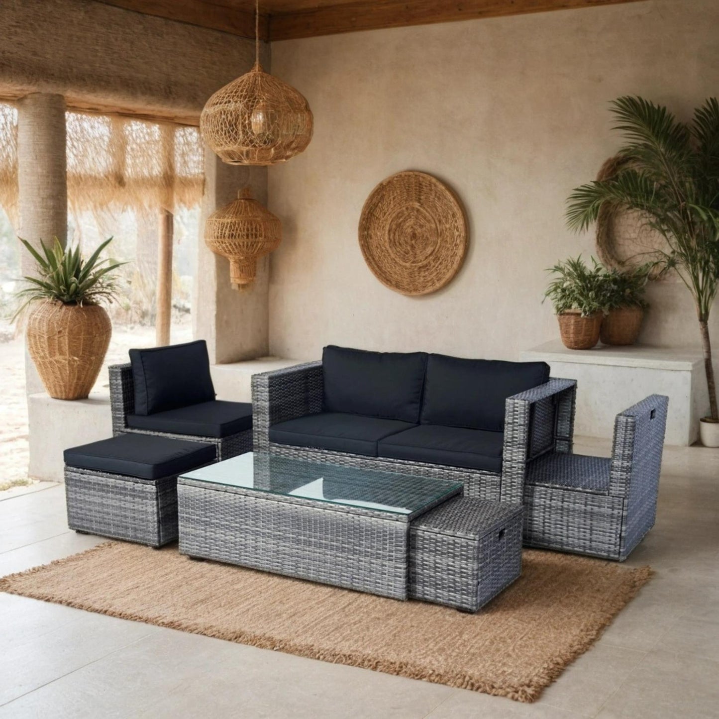 6 Piece Patio Wicker Sectional Set Patio Backyard Conversation Set Space Saving Grey Wicker + Black Cushion