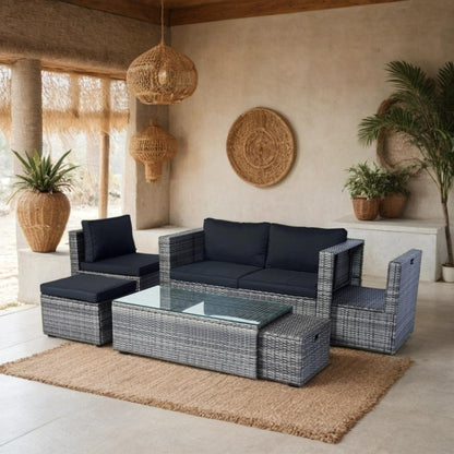 6 Piece Patio Wicker Sectional Set Patio Backyard Conversation Set Space Saving Grey Wicker + Black Cushion