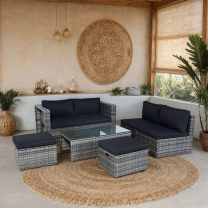 6 Piece Patio Wicker Sectional Set Patio Backyard Conversation Set Space Saving Grey Wicker + Black Cushion