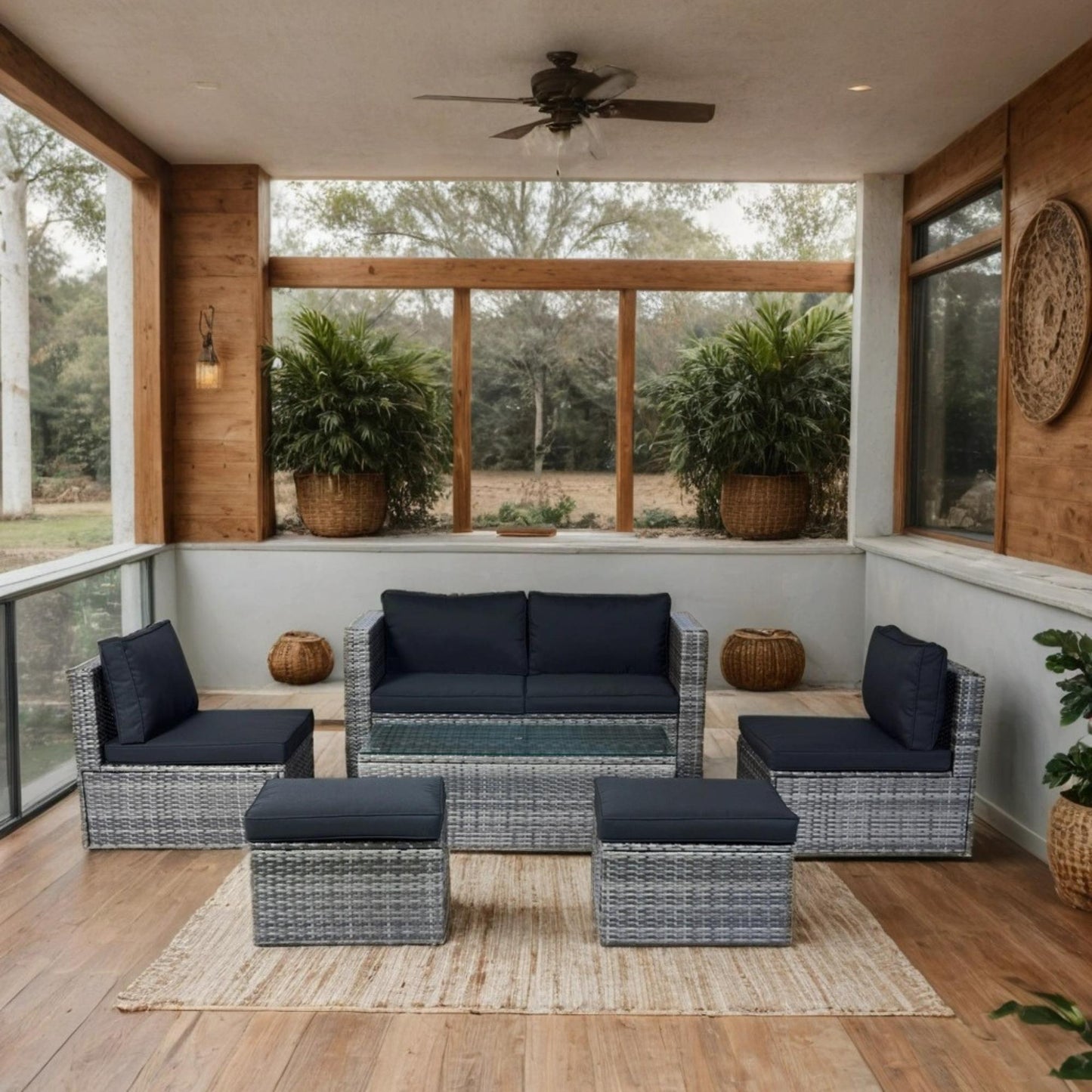 6 Piece Patio Wicker Sectional Set Patio Backyard Conversation Set Space Saving Grey Wicker + Black Cushion