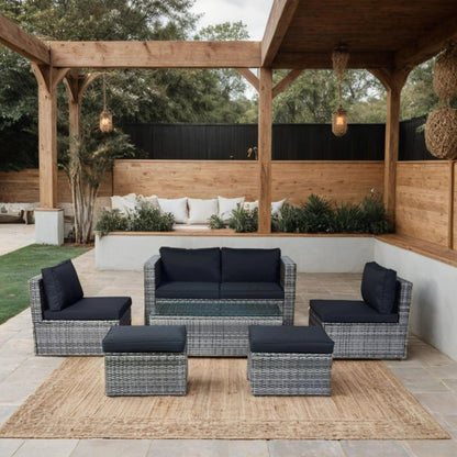 6 Piece Patio Wicker Sectional Set Patio Backyard Conversation Set Space Saving Grey Wicker + Black Cushion