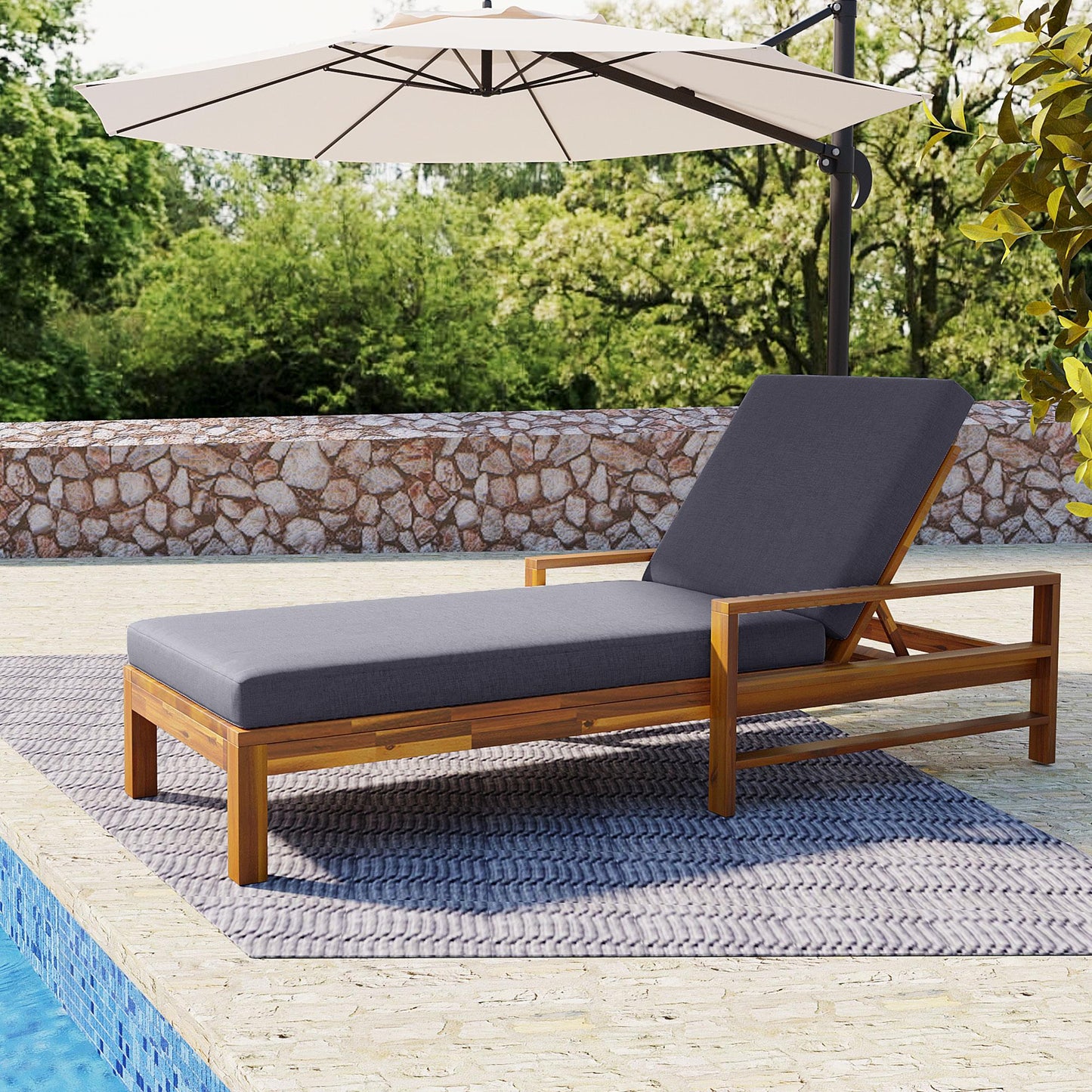 U_Style  Acacia Wood Adjustable Backrest Outdoor Lounge Chair, Suitable for Gardens, Terraces, and Poolside Areas