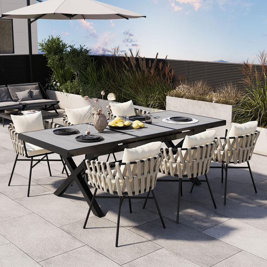 U_Style Discover unmatched flexibility in alfresco dining with six creatively arranged chairs made of polyester woven tape and a table that expands from 62.9 to 82.6 inches to suit any occasion.