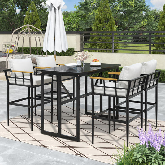 U_Style Iron Outdoor Dining Set with Acacia Wood Armrest Suitable For Patio, Balcony Or Backyard