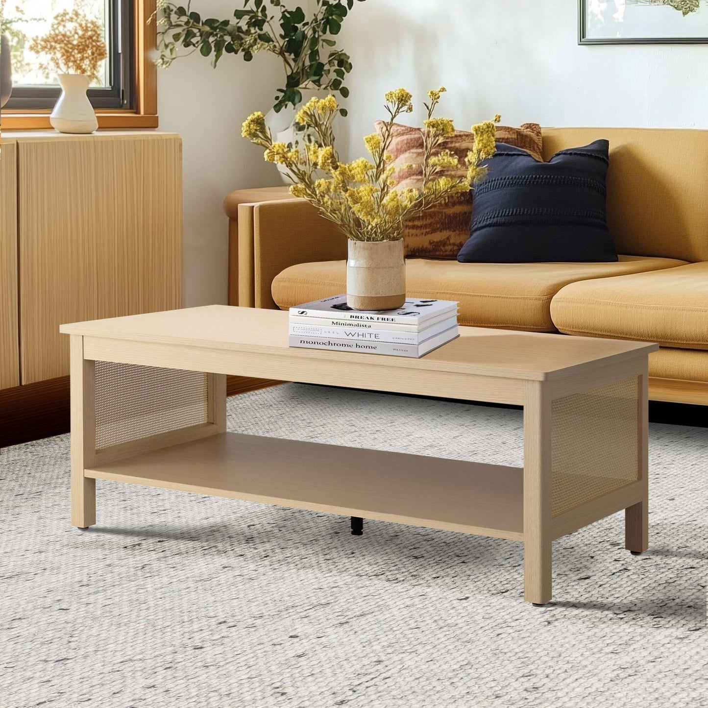 2-Tier Coffee Table with Rattan Sides & Spacious Open Shelf Storage 41.5"W x 21.75"D x 16"H