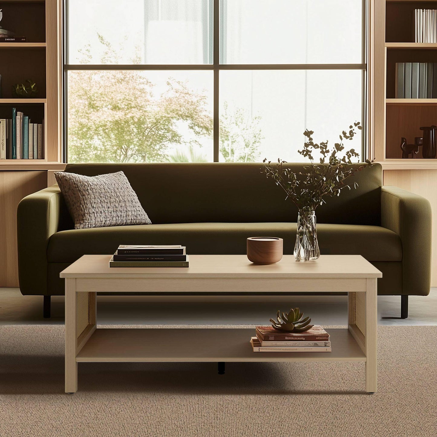 2-Tier Coffee Table with Rattan Sides & Spacious Open Shelf Storage 41.5"W x 21.75"D x 16"H