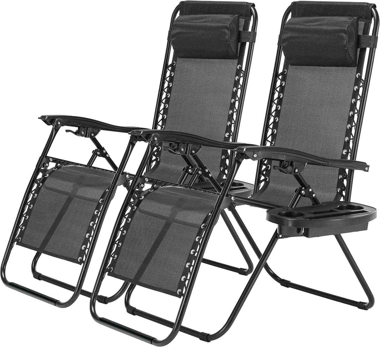 2 Set Zero Gravity Chairs Patio Portable Reclining Folding Lounge Chair Beach Camping Chairs with Pillow and Cup Holder Trays for Garden, Poolside, Black