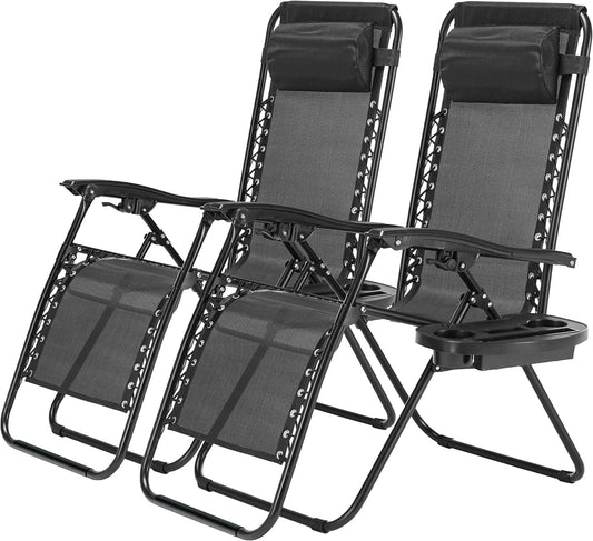 2 Set Zero Gravity Chairs Patio Portable Reclining Folding Lounge Chair Beach Camping Chairs with Pillow and Cup Holder Trays for Garden, Poolside, Black