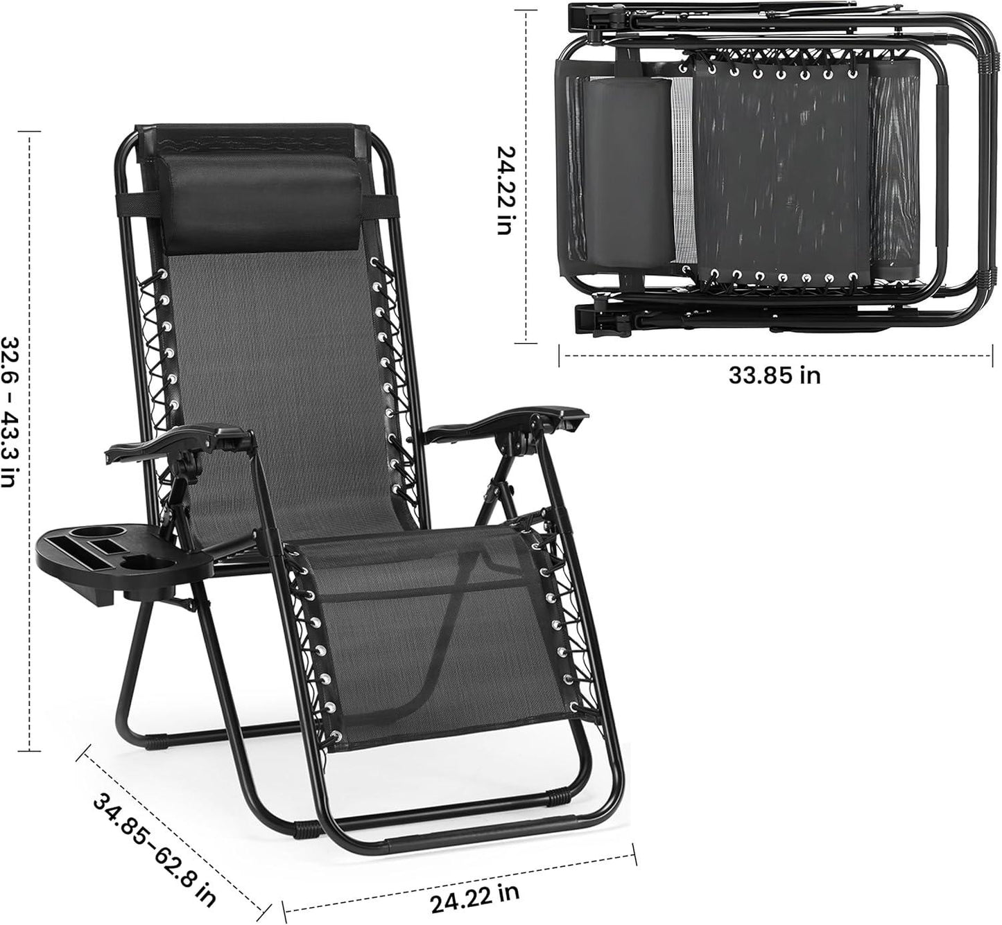 2 Set Zero Gravity Chairs Patio Portable Reclining Folding Lounge Chair Beach Camping Chairs with Pillow and Cup Holder Trays for Garden, Poolside, Black