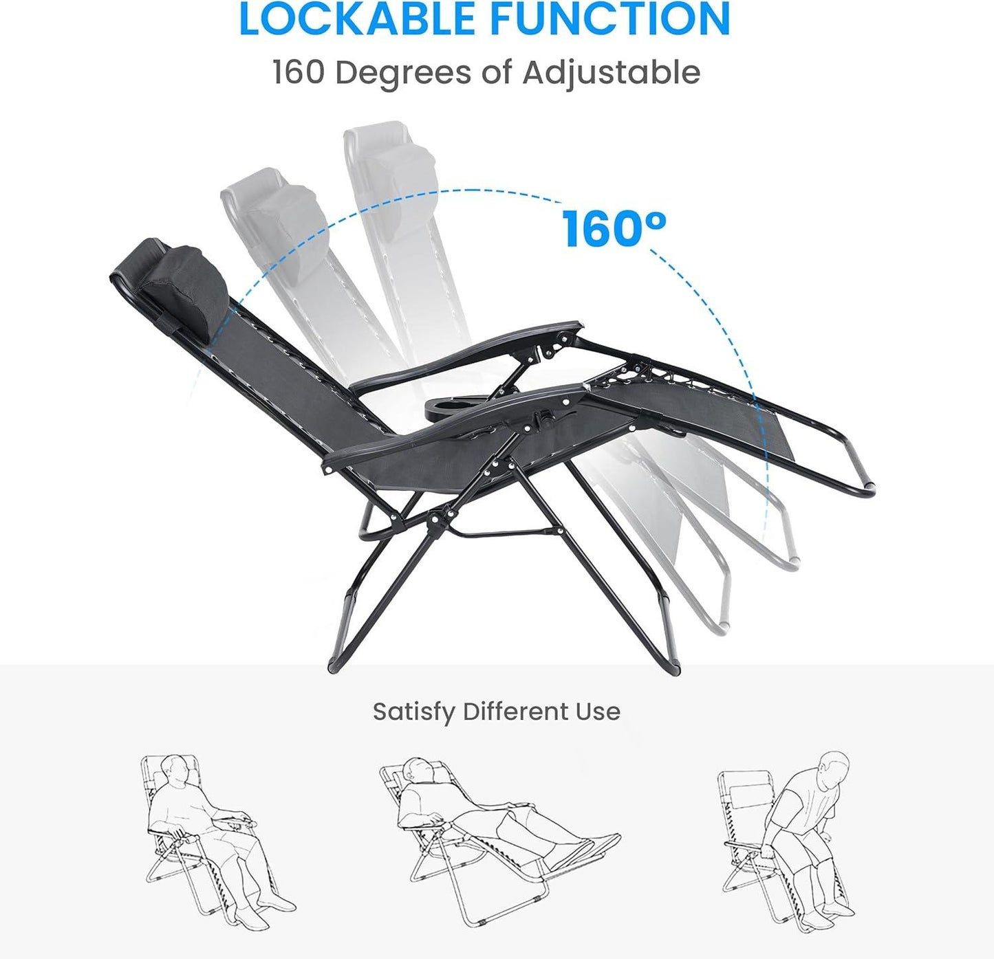 2 Set Zero Gravity Chairs Patio Portable Reclining Folding Lounge Chair Beach Camping Chairs with Pillow and Cup Holder Trays for Garden, Poolside, Black
