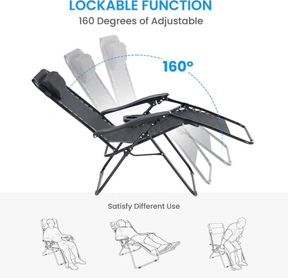 2 Set Zero Gravity Chairs Patio Portable Reclining Folding Lounge Chair Beach Camping Chairs with Pillow and Cup Holder Trays for Garden, Poolside, Black