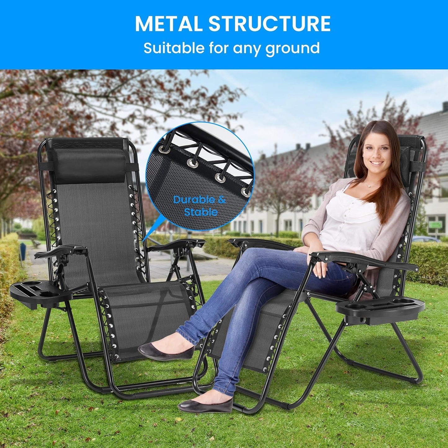 2 Set Zero Gravity Chairs Patio Portable Reclining Folding Lounge Chair Beach Camping Chairs with Pillow and Cup Holder Trays for Garden, Poolside, Black