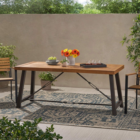 Outdoor Acacia Wood Metal Base Dining Table, Teak