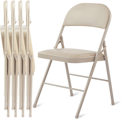 4 Pack Folding Chairs with Leather Padded Cushion Seats & Durable Metal Frame, Comfortable, Foldable, Portable, Commercial Event Seat, Indoor Outdoor for Parties, Home, Office, Kahki