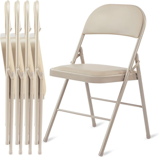 4 Pack Folding Chairs with Leather Padded Cushion Seats & Durable Metal Frame, Comfortable, Foldable, Portable, Commercial Event Seat, Indoor Outdoor for Parties, Home, Office, Kahki