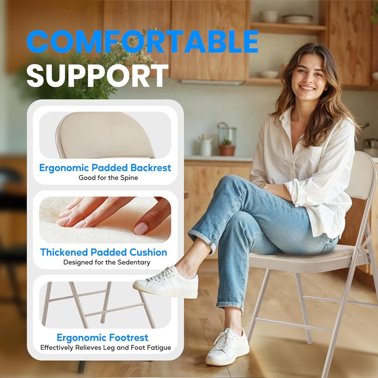 4 Pack Folding Chairs with Leather Padded Cushion Seats & Durable Metal Frame, Comfortable, Foldable, Portable, Commercial Event Seat, Indoor Outdoor for Parties, Home, Office, Kahki
