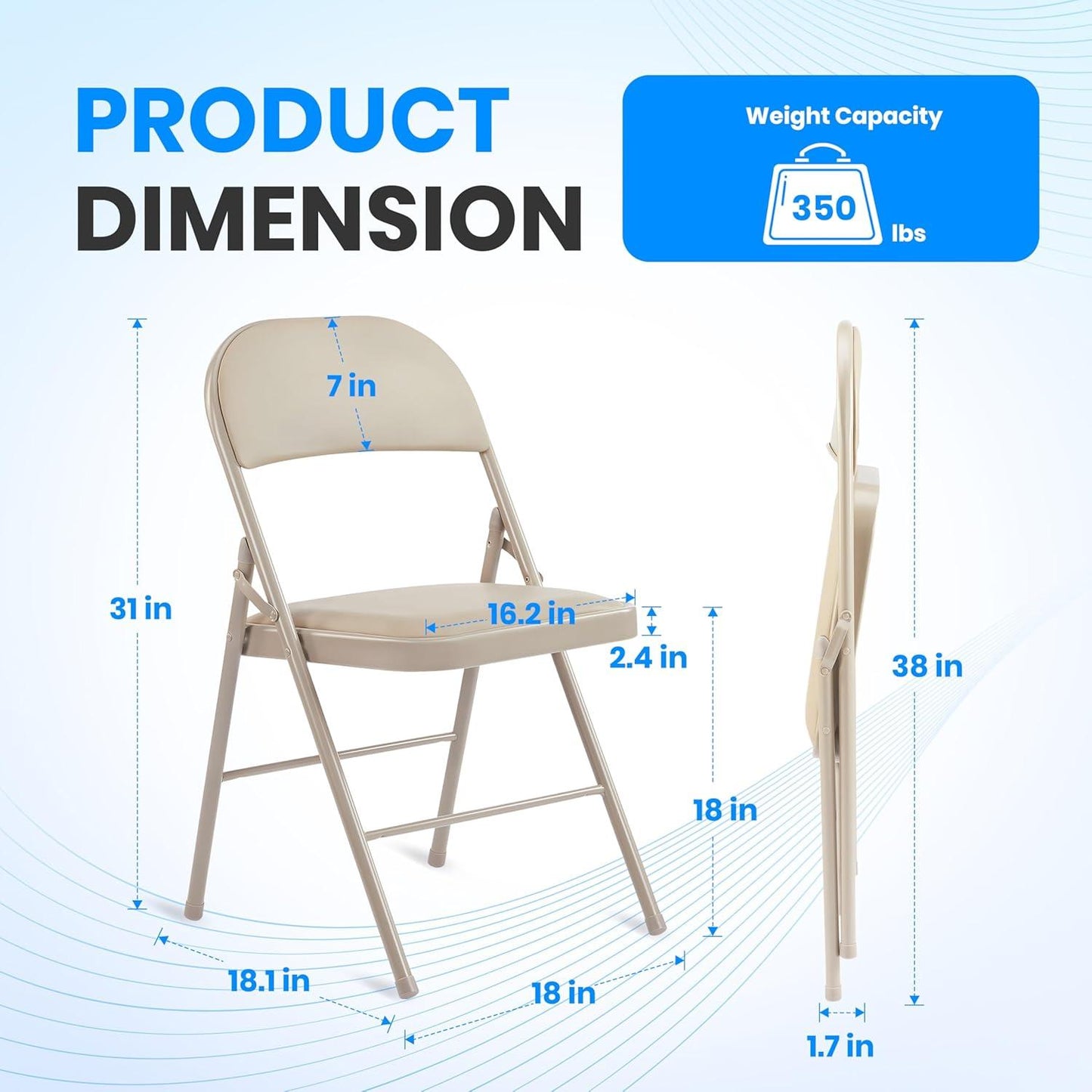 4 Pack Folding Chairs with Leather Padded Cushion Seats & Durable Metal Frame, Comfortable, Foldable, Portable, Commercial Event Seat, Indoor Outdoor for Parties, Home, Office, Kahki