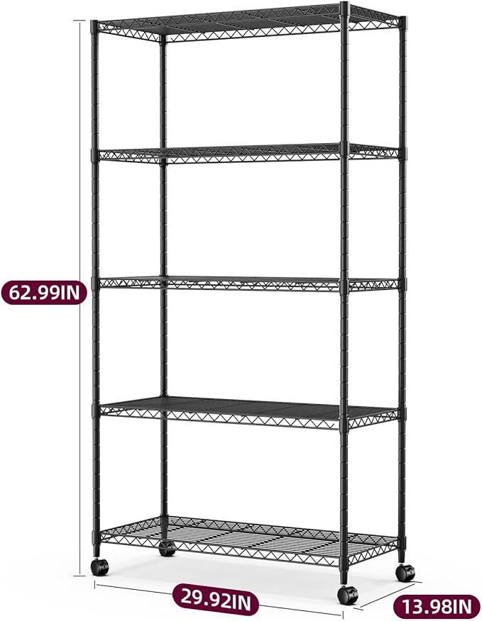 5-Tier Heavy Duty Storage Shelving Unit, 1250 Lbs Loading Capacity, 29.92" W x 13.98" D x 61.02" H, Black