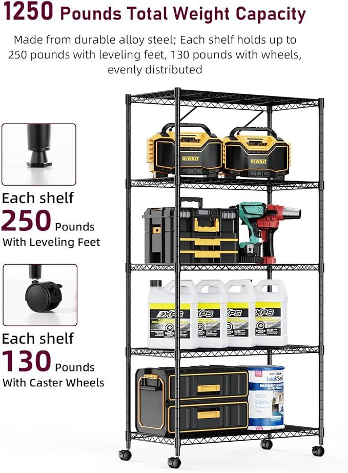 5-Tier Heavy Duty Storage Shelving Unit, 1250 Lbs Loading Capacity, 29.92" W x 13.98" D x 61.02" H, Black