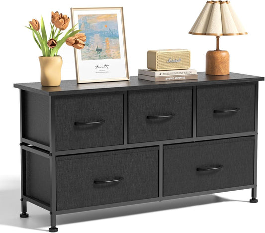 5 Drawers Dresser for Bedroom, Kidsroom Furniture, Wide Chest of Drawers, Storage Organizer Units with Fabric Bins for Closet, Entryway, Metal Frame, Waterproof Wood Top, Adjustable Feet