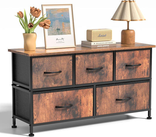 5 Drawers Dresser for Bedroom, Kidsroom Furniture, Wide Chest of Drawers, Storage Organizer Units with Fabric Bins for Closet, Metal Frame, Waterproof Wood Top, Adjustable Feet, Rust