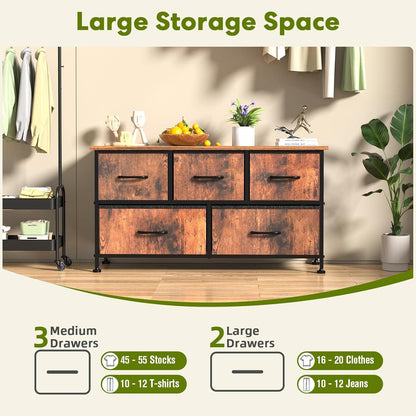 5 Drawers Dresser for Bedroom, Kidsroom Furniture, Wide Chest of Drawers, Storage Organizer Units with Fabric Bins for Closet, Metal Frame, Waterproof Wood Top, Adjustable Feet, Rust
