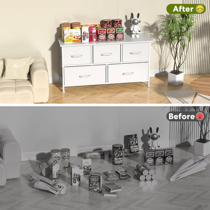 5 Drawers Dresser for Bedroom, Kidsroom Furniture, Wide Chest of Drawers, Storage Organizer Units with Fabric Bins for Closet, White, Metal Frame, Waterproof Wood Top, Adjustable Feet