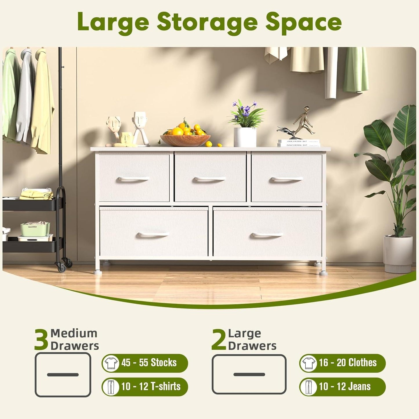 5 Drawers Dresser for Bedroom, Kidsroom Furniture, Wide Chest of Drawers, Storage Organizer Units with Fabric Bins for Closet, White, Metal Frame, Waterproof Wood Top, Adjustable Feet