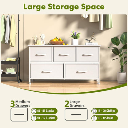 5 Drawers Dresser for Bedroom, Kidsroom Furniture, Wide Chest of Drawers, Storage Organizer Units with Fabric Bins for Closet, White, Metal Frame, Waterproof Wood Top, Adjustable Feet