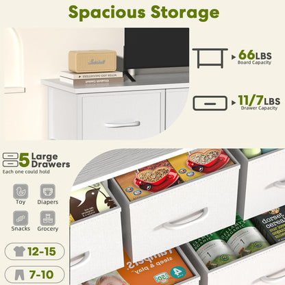 5 Drawers Dresser for Bedroom, Kidsroom Furniture, Wide Chest of Drawers, Storage Organizer Units with Fabric Bins for Closet, White, Metal Frame, Waterproof Wood Top, Adjustable Feet
