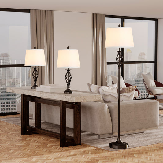 HOMCOM 3 Piece Table Floor Lamp Set with Metal Pole, Round Base, and Fabric Lampshade, for Living Room, Black/White