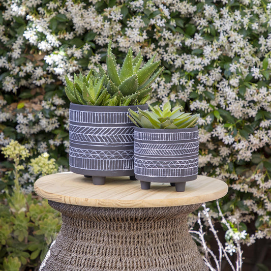 S/2  TRIBAL LOOK FOOTED PLANTER 6/8", BLACK