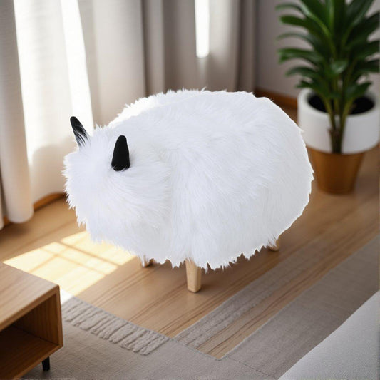 Adorable Upholstered White Yak Ottoman, Cute Wood Foot Stool Shoes Changing Seat with Cushioned for Adult Living Room, Bedroom, Nursery Gameroom, Playroom, Porch Furniture
