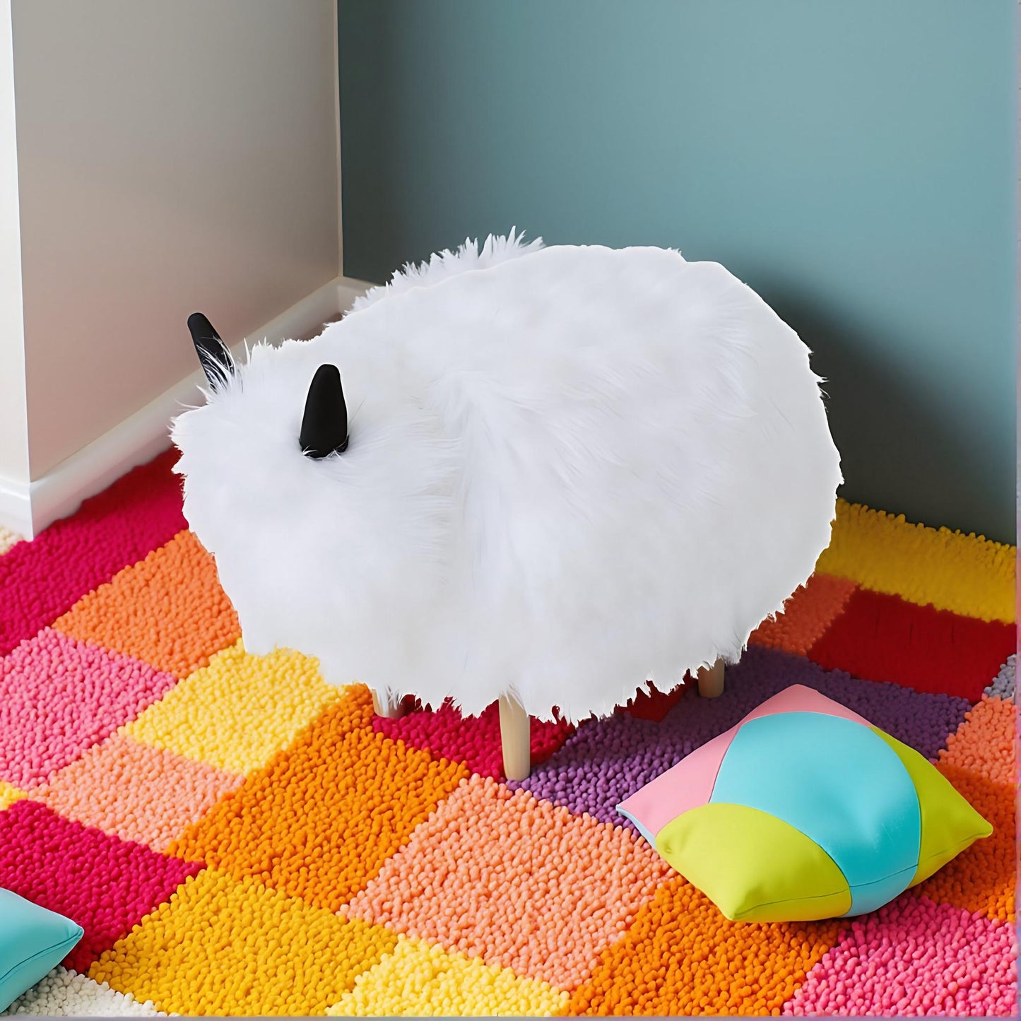 Adorable Upholstered White Yak Ottoman, Cute Wood Foot Stool Shoes Changing Seat with Cushioned for Adult Living Room, Bedroom, Nursery Gameroom, Playroom, Porch Furniture