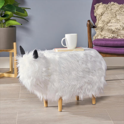 Adorable Upholstered White Yak Ottoman, Cute Wood Foot Stool Shoes Changing Seat with Cushioned for Adult Living Room, Bedroom, Nursery Gameroom, Playroom, Porch Furniture